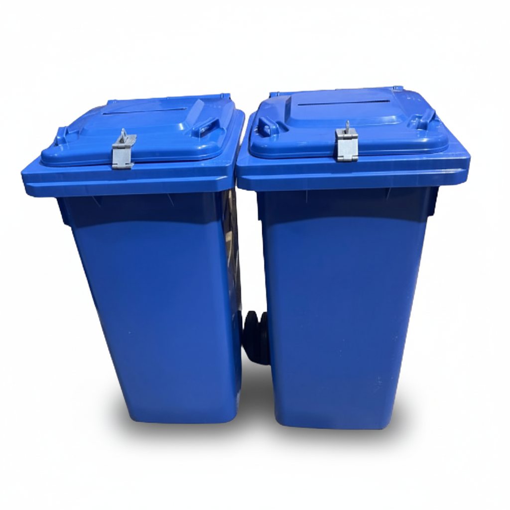 120L blue recycling bin with lock and hinge lid for secure waste collection in Singapore