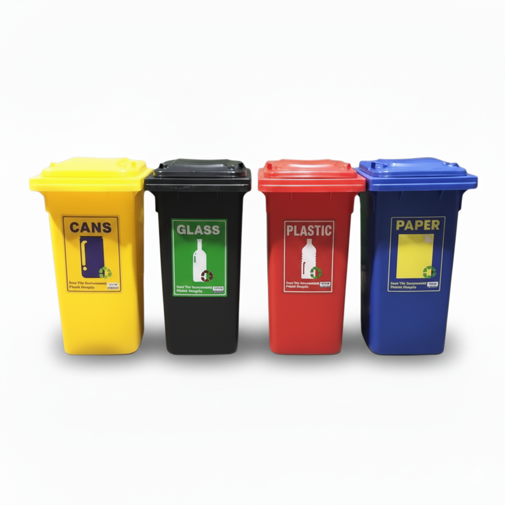 120L recycling bins with color-coded stickers for paper, plastic, glass, and cans