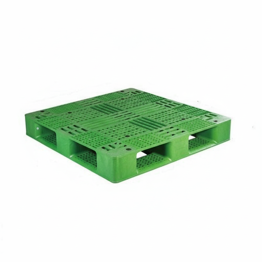 1100 x 1100 x 150mm heavy-duty plastic pallet in green, designed for industrial storage, cargo handling, and warehouse use.
