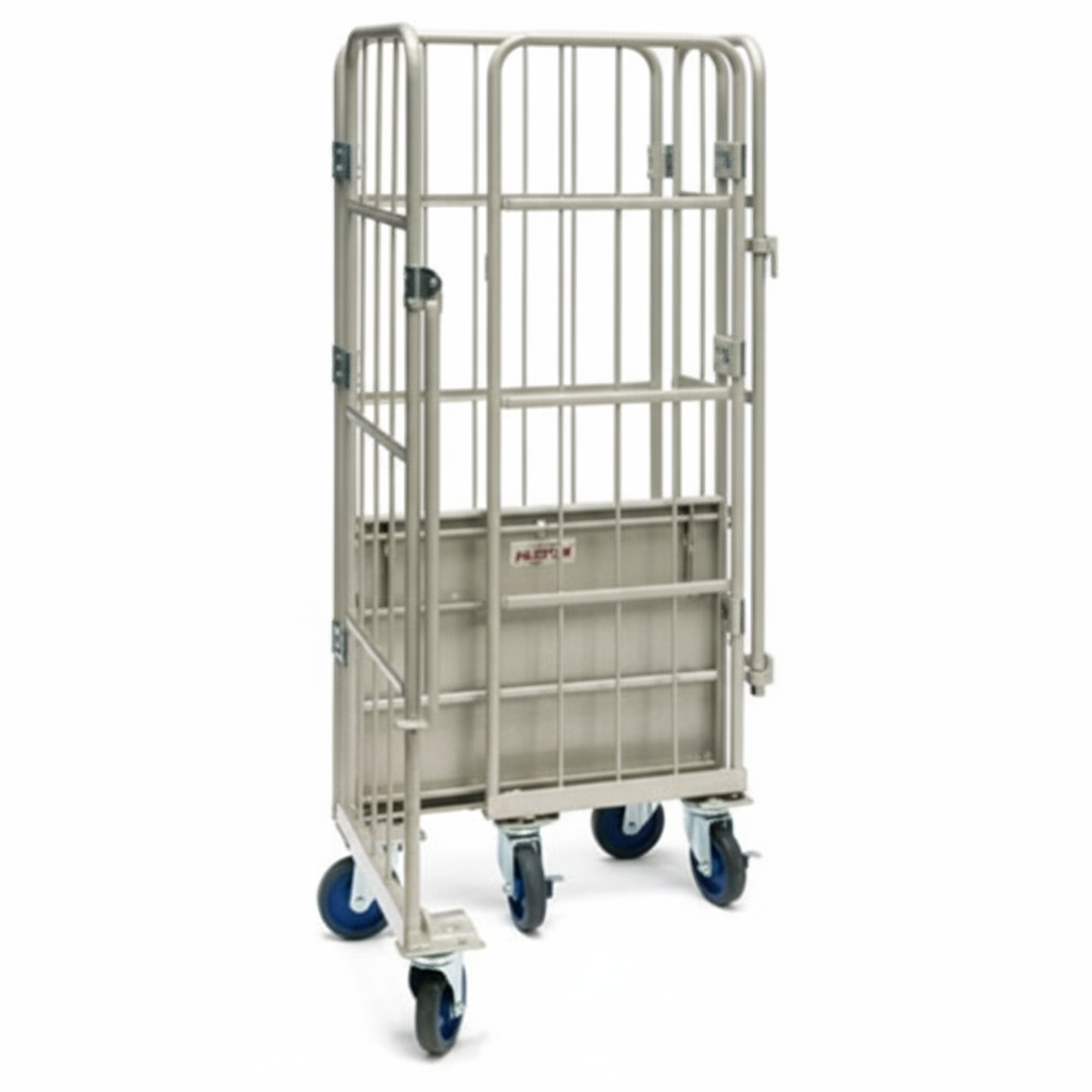 Folded Prestar Worktainer cage trolley with metal base and open front for easy loading and space-saving storage.