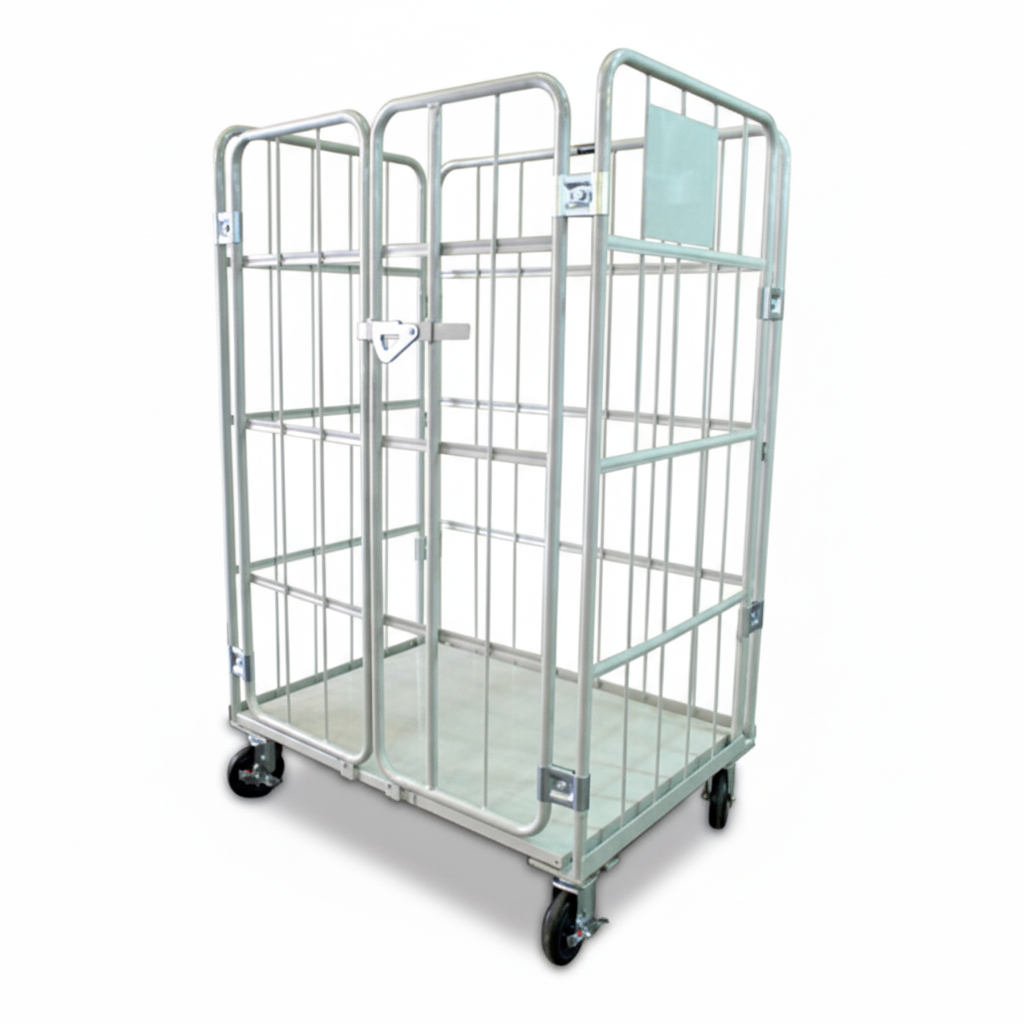 Prestar Worktainer cage trolley with metal base and door for warehouse logistics and storage transport.