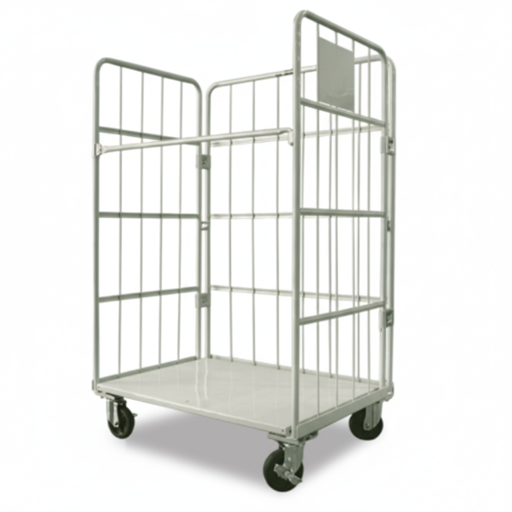 Prestar Worktainer foldable cage trolley with metal base and open front for easy loading and space-saving storage.