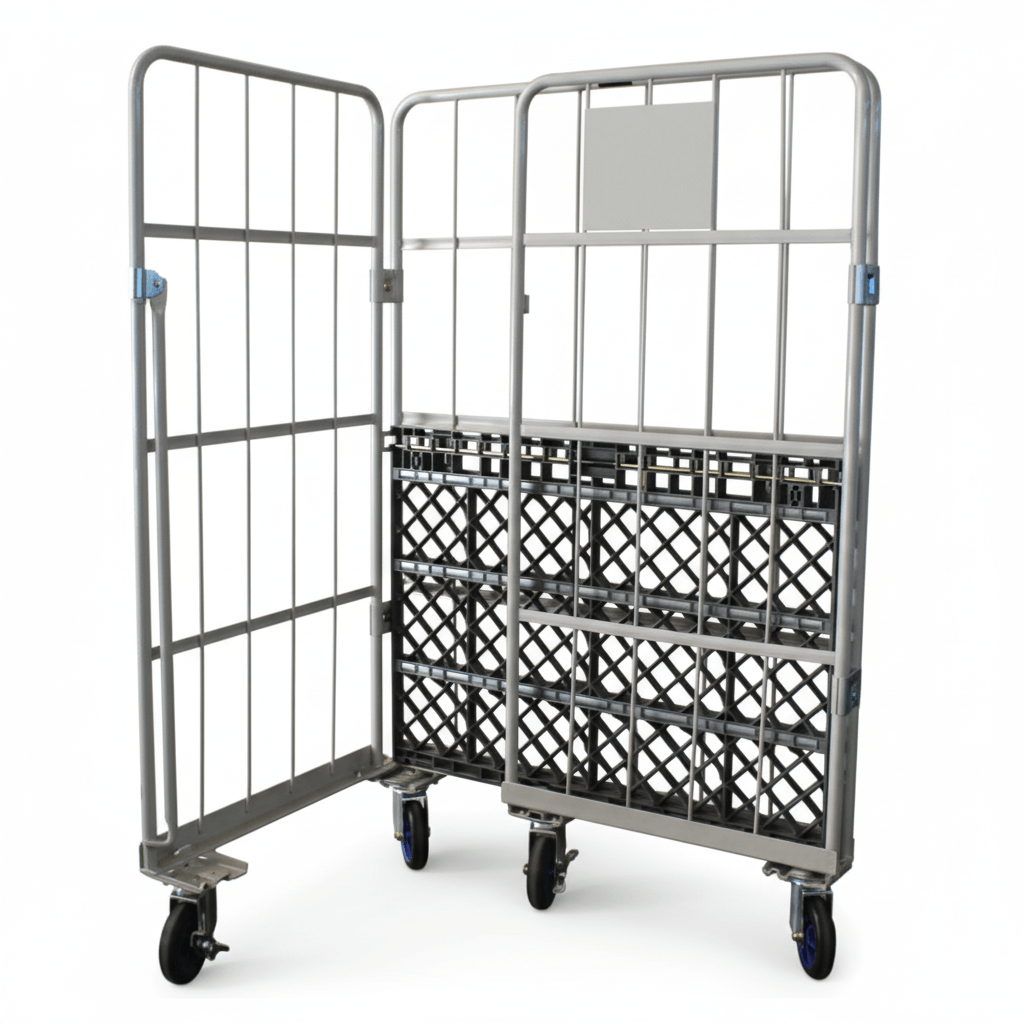 Folded Prestar Worktainer cage trolley with plastic base and open front for easy loading and space-saving storage.