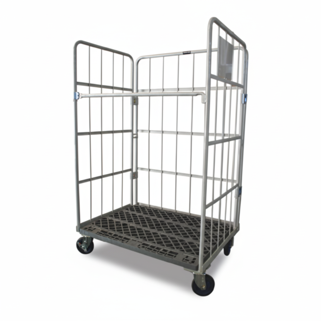 Prestar Worktainer foldable cage trolley with plastic base and open front for easy loading and space-saving storage.