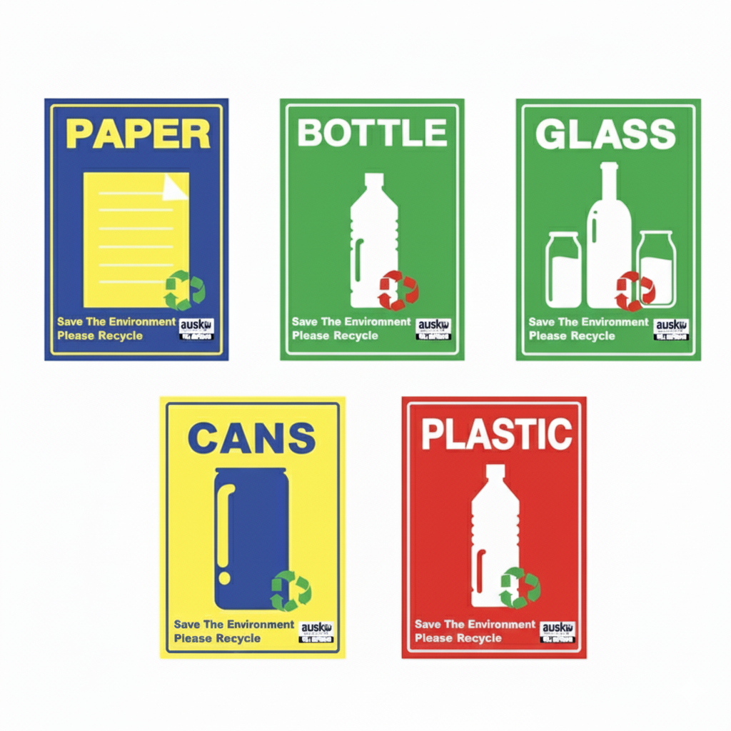 240L recycling bins with single stream recycling labels for paper, glass, plastic, and cans