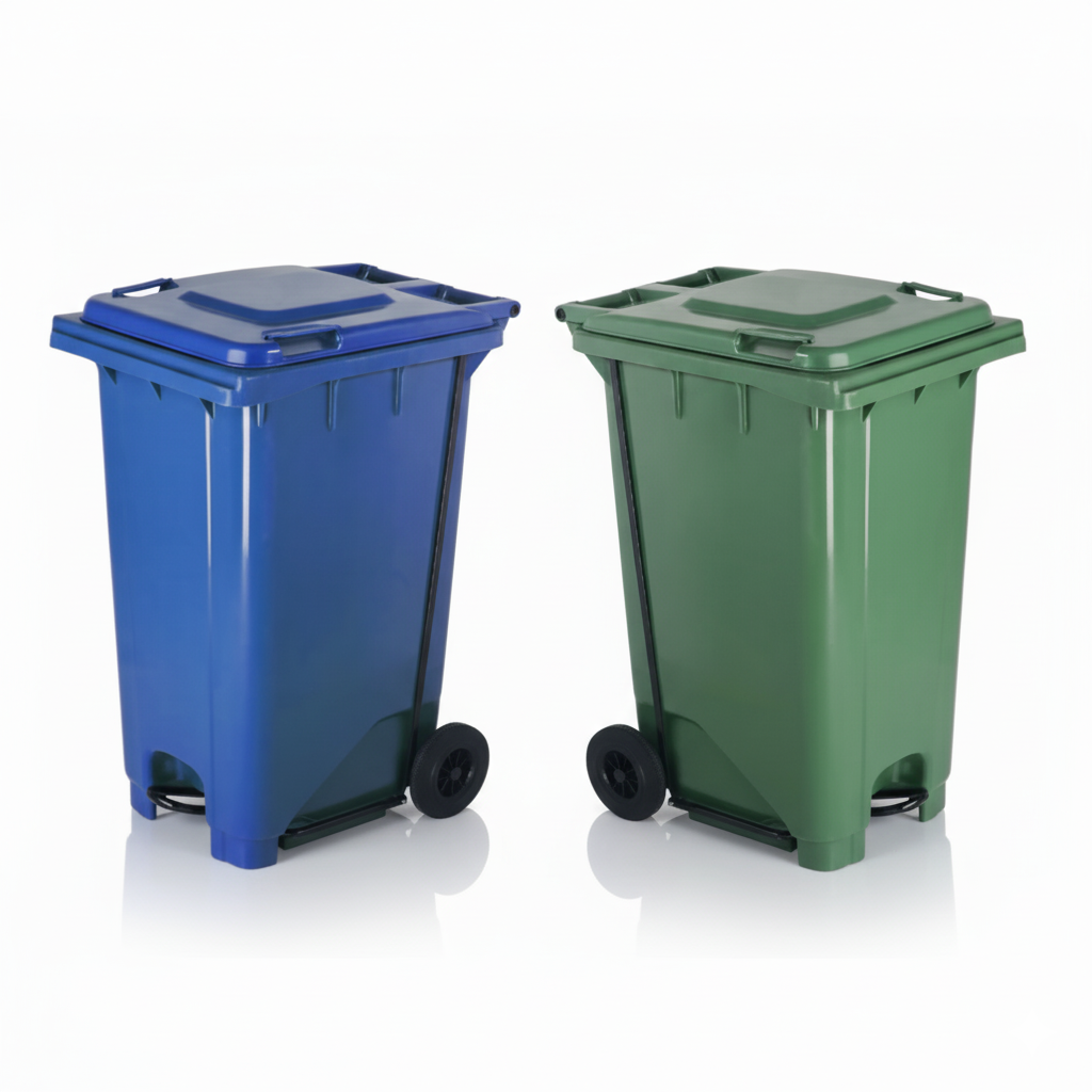 240L blue and green recycling bin with step pedal for hands-free waste disposal