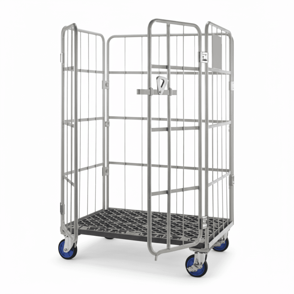 Prestar Worktainer cage trolley with plastic base and door for warehouse logistics and storage transport.