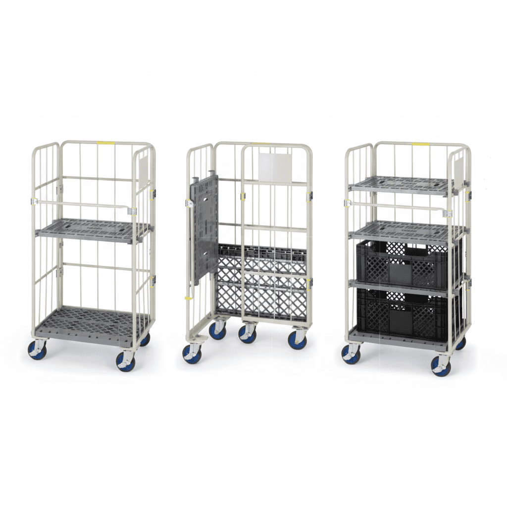 Prestar Worktainer cage trolley with plastic base and additional adjustable shelves for warehouse storage and logistics.