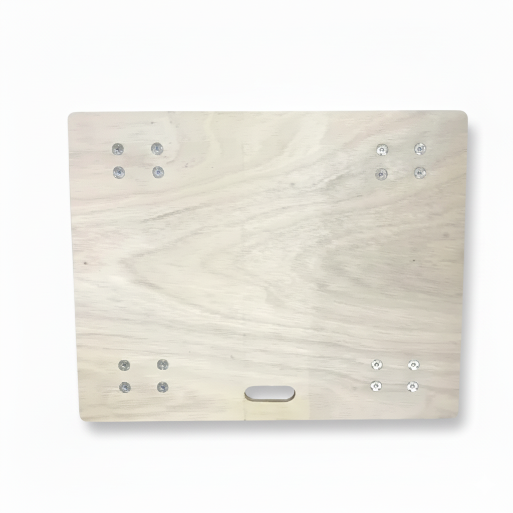 Top view of wooden dolly trolley platform made from 18mm wood with 4pcs of rubber wheels.