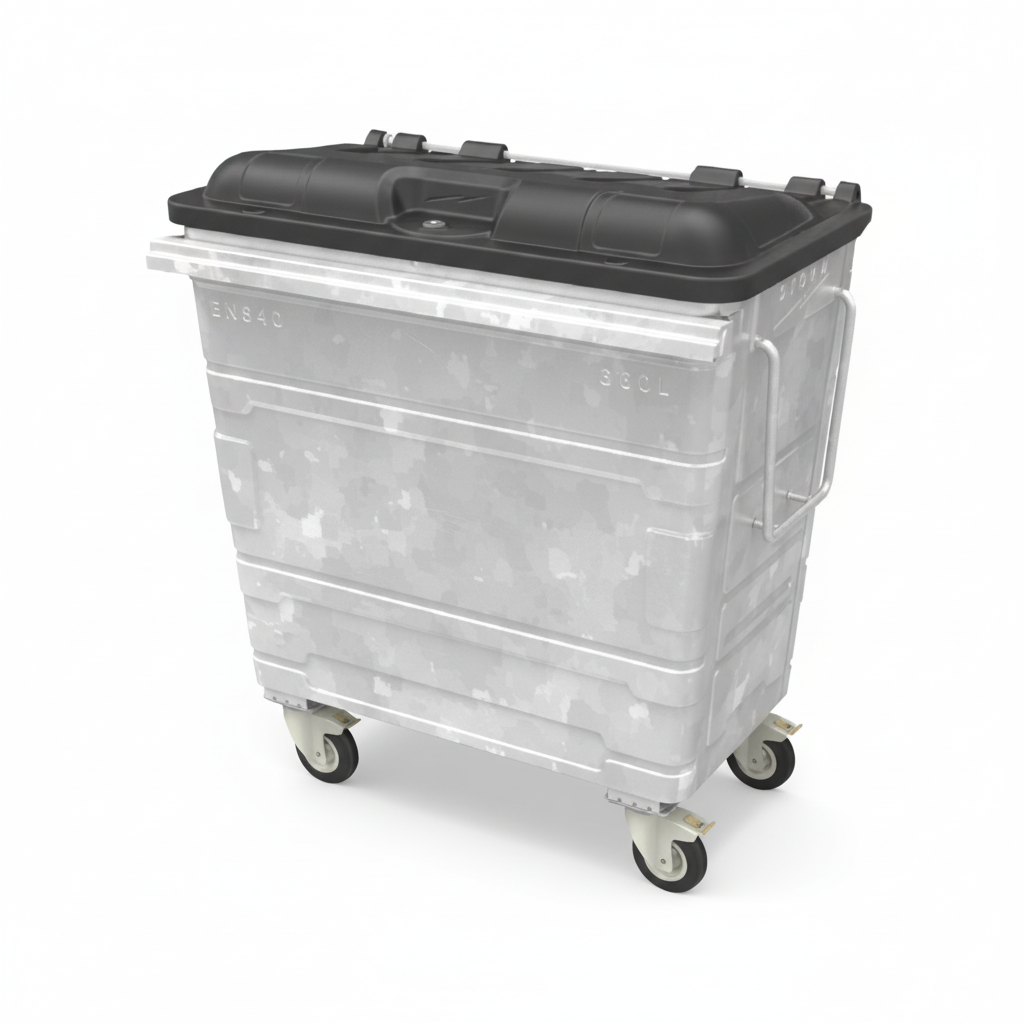 660L galvanized steel waste bin with black plastic lid and caster wheels for industrial and commercial waste collection.