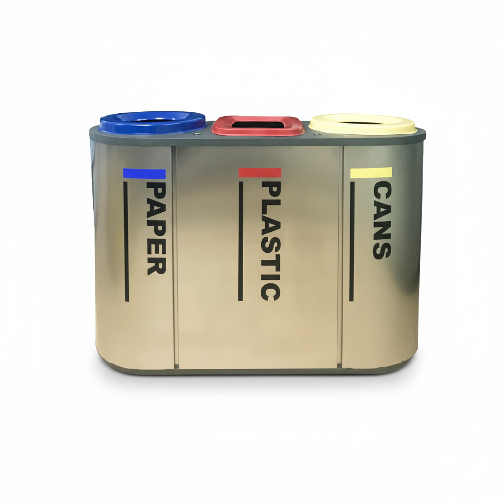 Stainless steel 3-in-1 recycling bin with labeled compartments for paper, plastic, and cans.