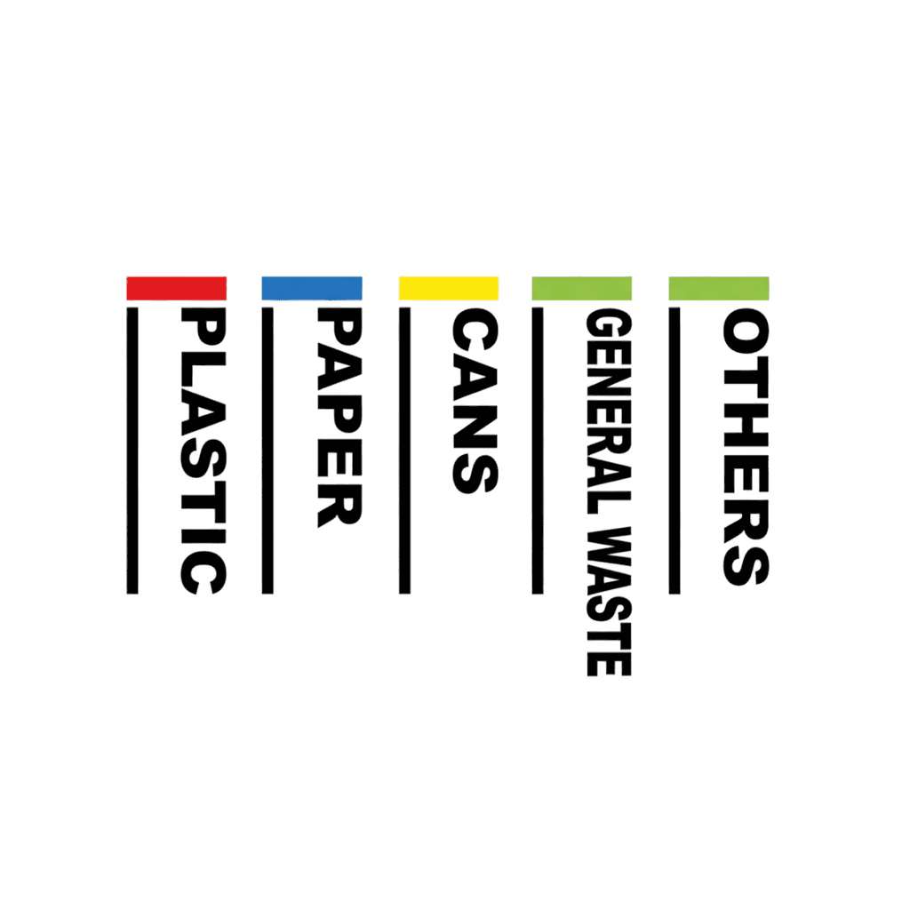 Sticker labels for stainless steel recycling bins with color-coded categories: plastic, paper, cans, general waste, and others.