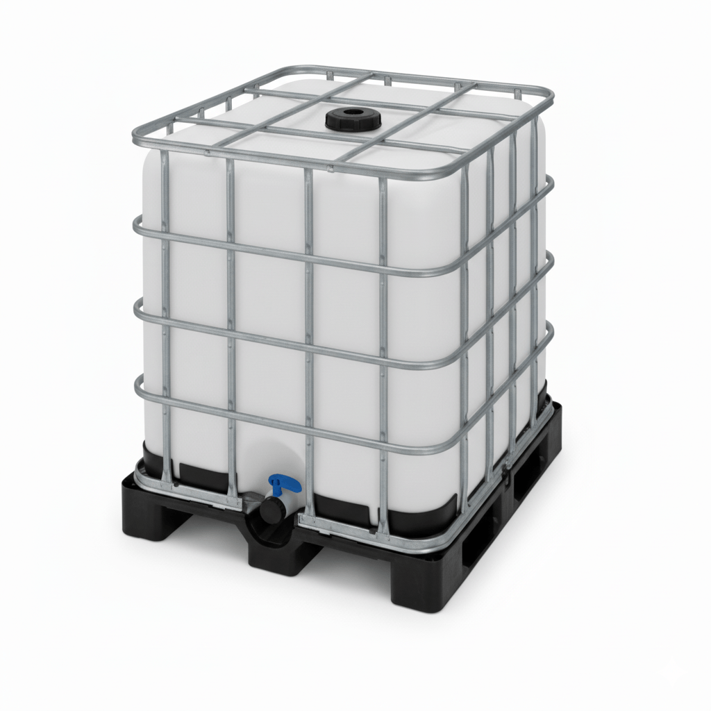 1000L used IBC tank with metal cage and plastic pallet base for liquid storage and transport.