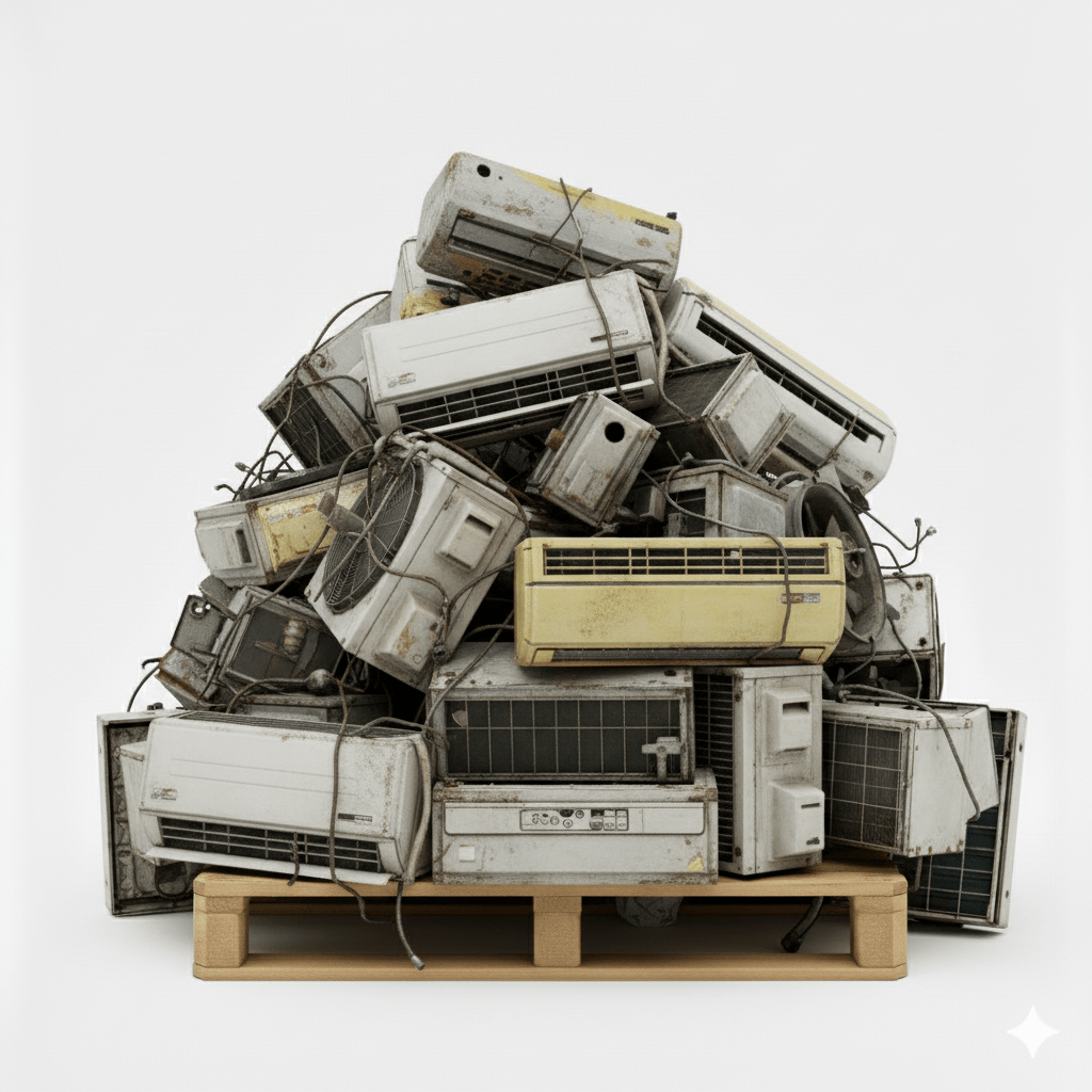 Scrap Air-Conditioner Recycling – E-Waste Recycling Singapore Stack of used air-conditioning units prepared for recycling in Singapore