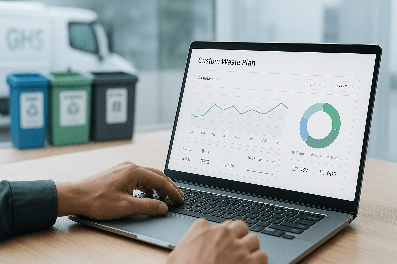 Customised Waste Plan Hands on a laptop viewing a “Custom Waste Plan” dashboard with charts; recycling bins.