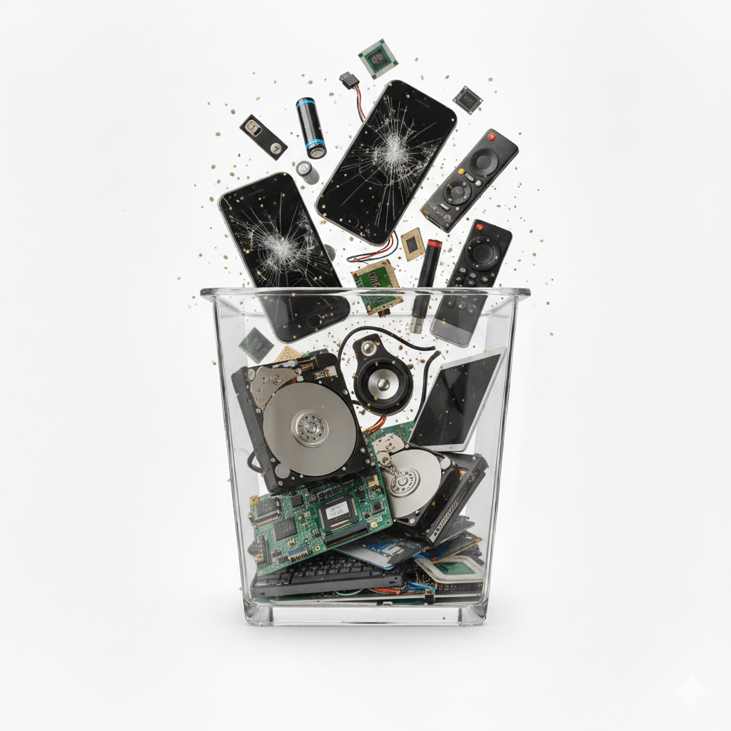 E Waste Recycling Service Singapore Ewaste recycling with laptops, hdds, phones falling into a transparent container.