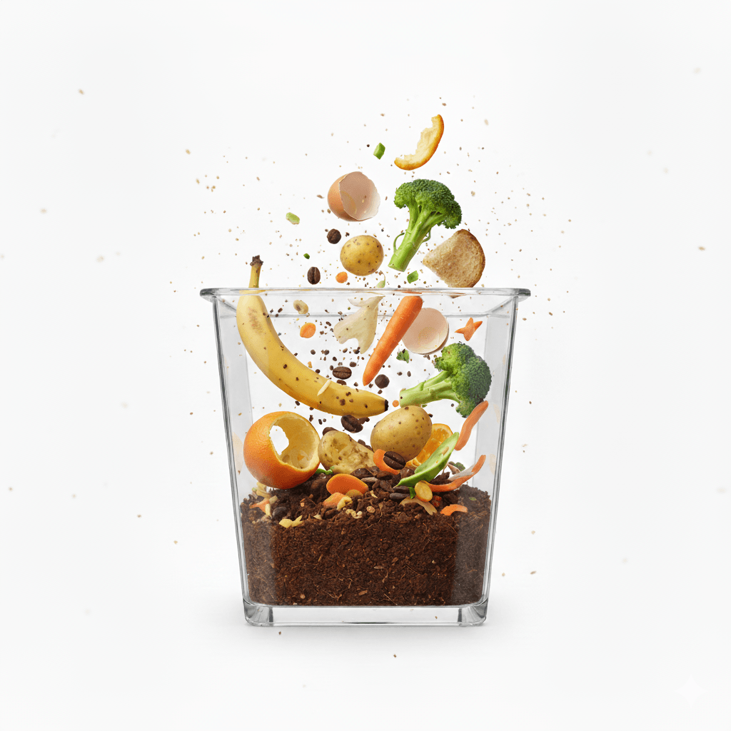 Food Waste Recycling Service Singapore Food waste recycling with fruits, vegetables, and food scraps falling into a transparent container.