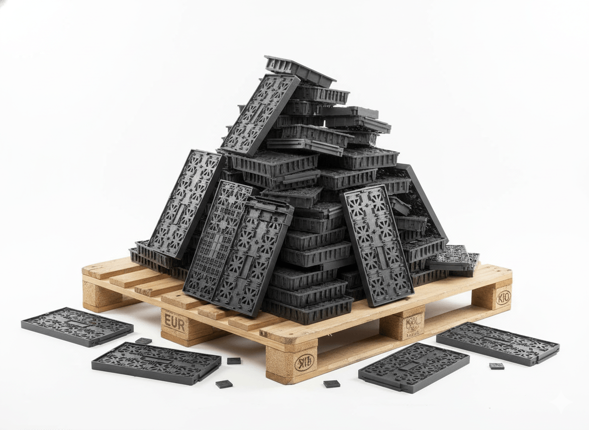 Scrap IC Tray Recycling in Singapore IC trays stacked on wooden pallets for recycling in Singapore