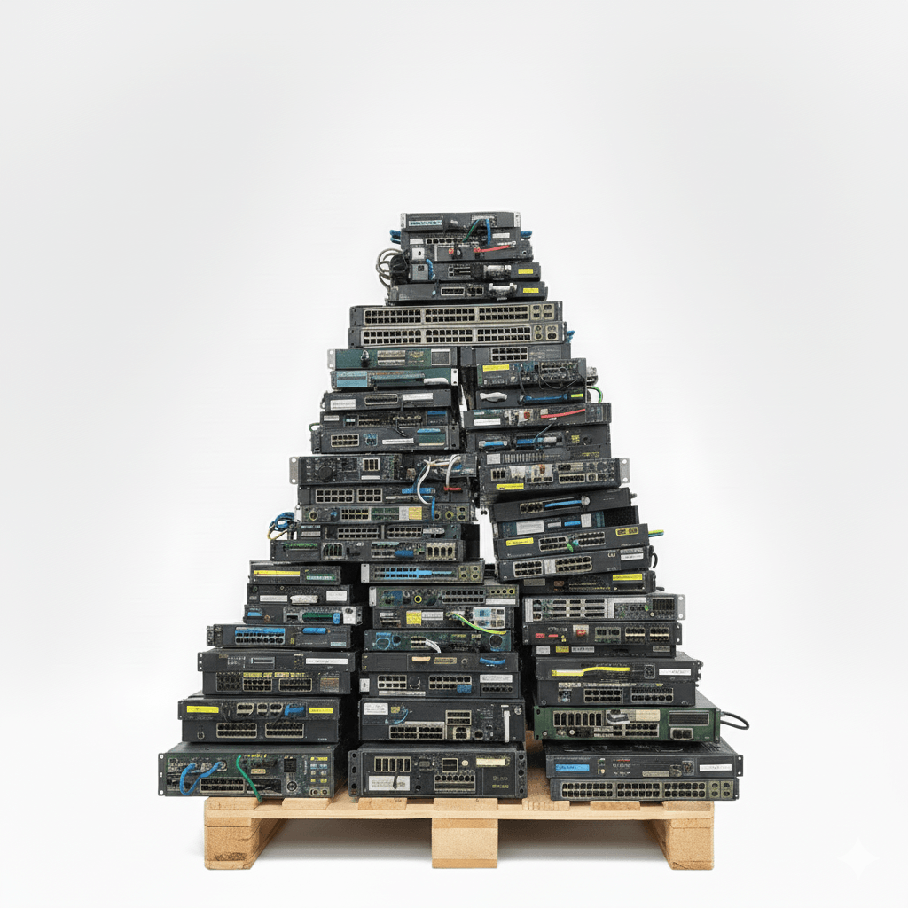 Scrap Network Switch Recycling – E-Waste Recycling Singapore Stack of network switches prepared for e-waste recycling in Singapore