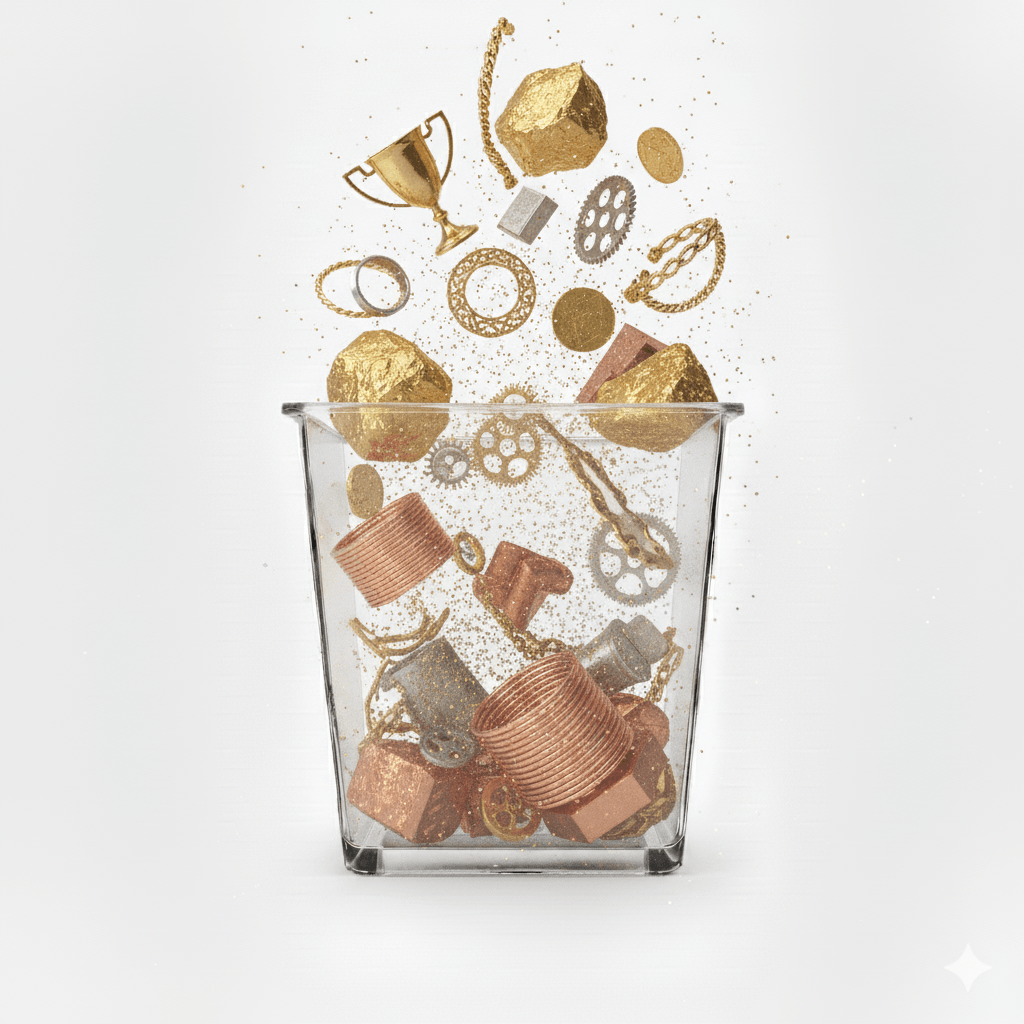 Precious Metal Recycling Service Singapore Precious metal recycling in a transparent container.