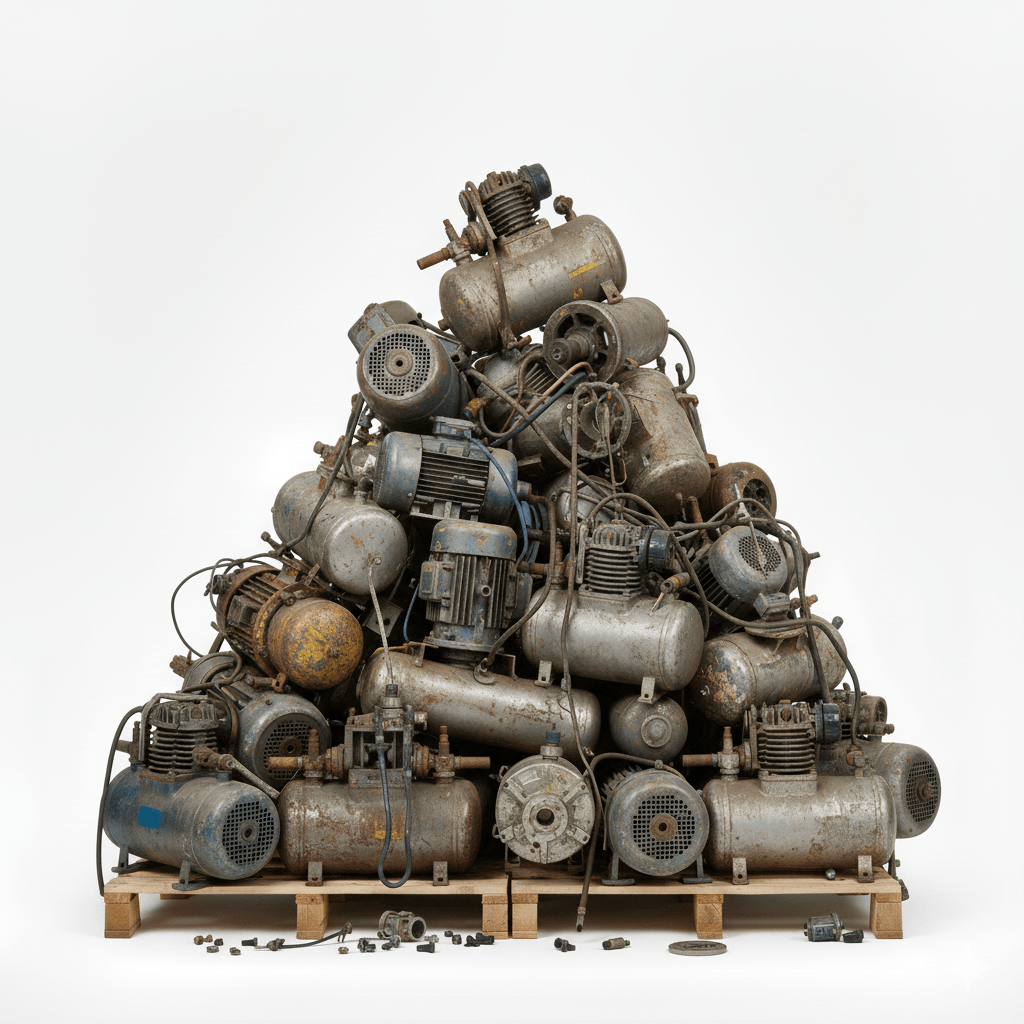 Scrap Pump and Air Compressor Recycling – E-Waste Recycling Singapore Pile of industrial pumps and air compressors prepared for recycling in Singapore