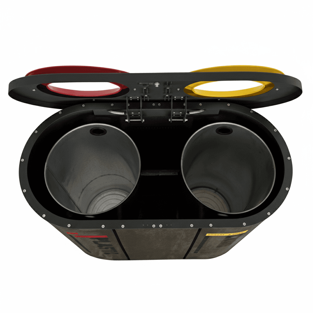 Top view of stainless steel 2-in-1 recycling bin with dual compartments and color-coded openings for waste segregation.