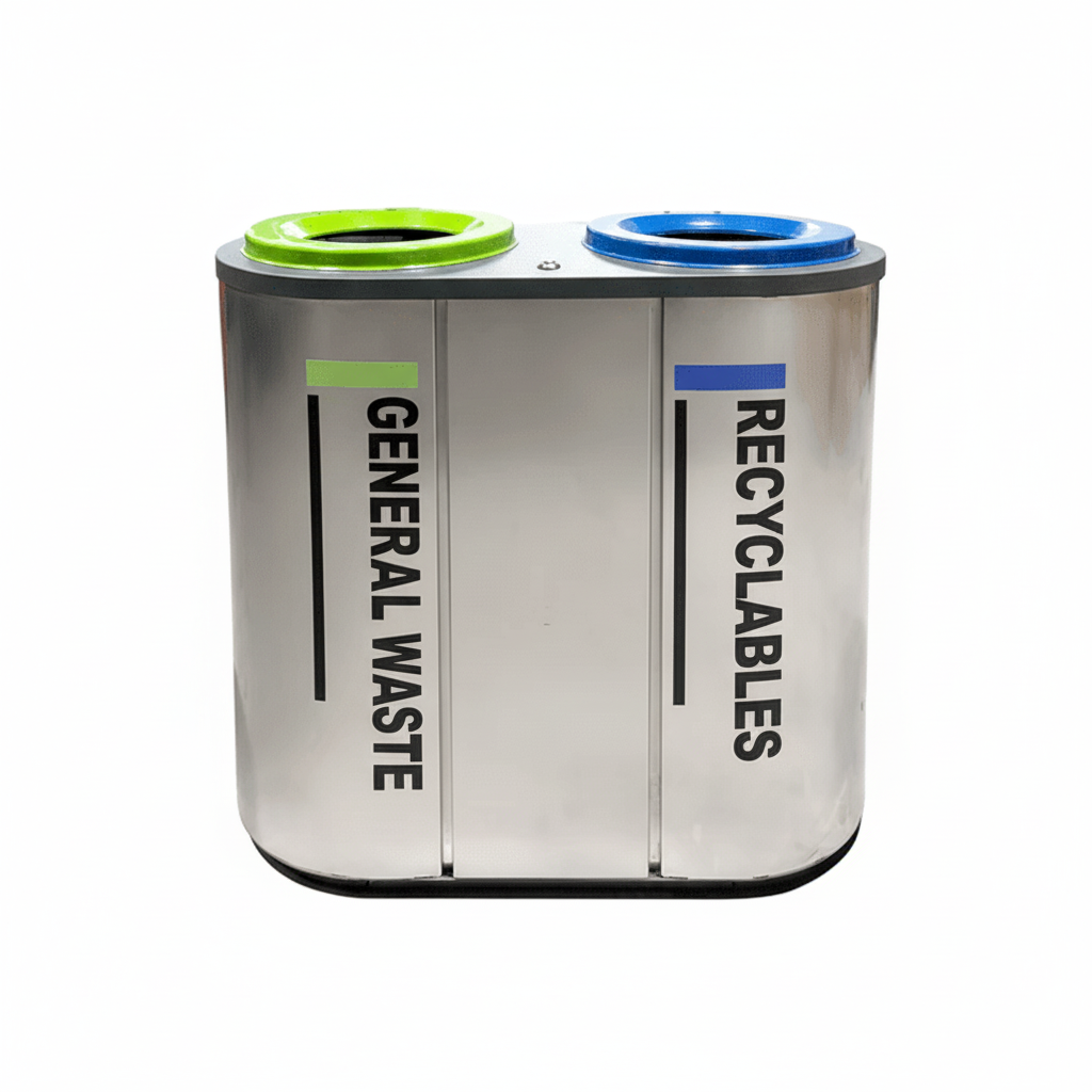 Stainless steel 2-in-1 recycling bin with labeled compartments for paper, plastic, and cans.