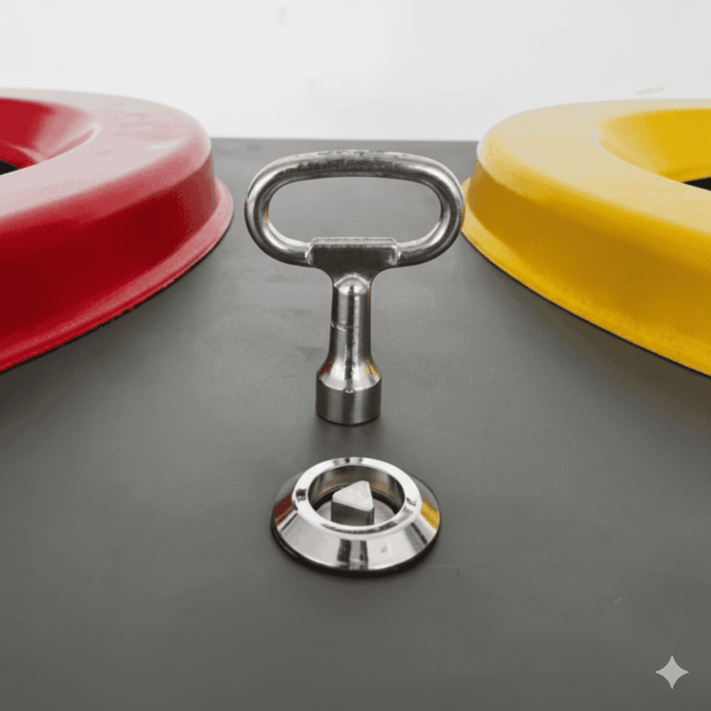 Lock and key set for stainless steel 2-in-1 and 3-in-1 recycling bins, designed for secure waste compartment access.