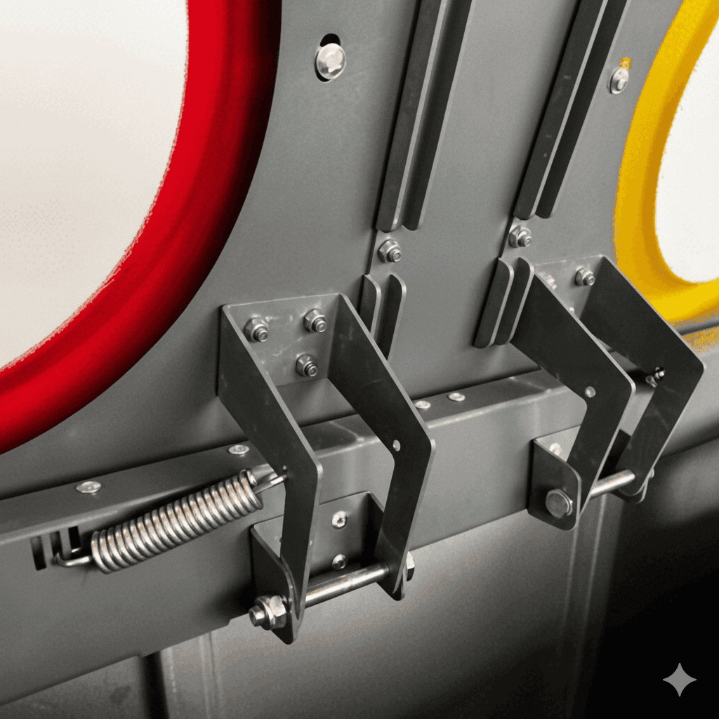 Spring hinge and latch mechanism of stainless steel 2-in-1 and 3-in-1 recycling bins for smooth lid operation.
