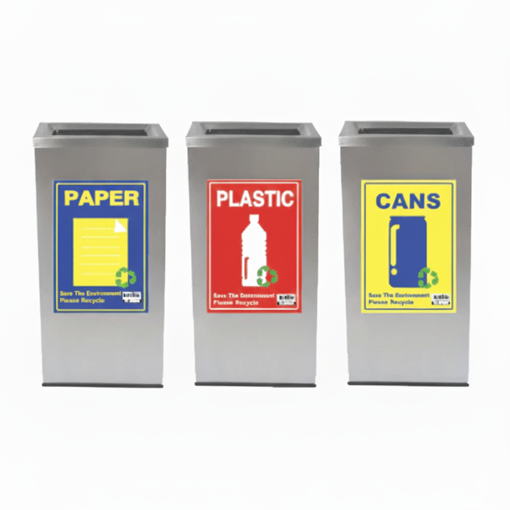 Stainless steel recycling bins labeled for paper, plastic, and cans with color-coded signage.