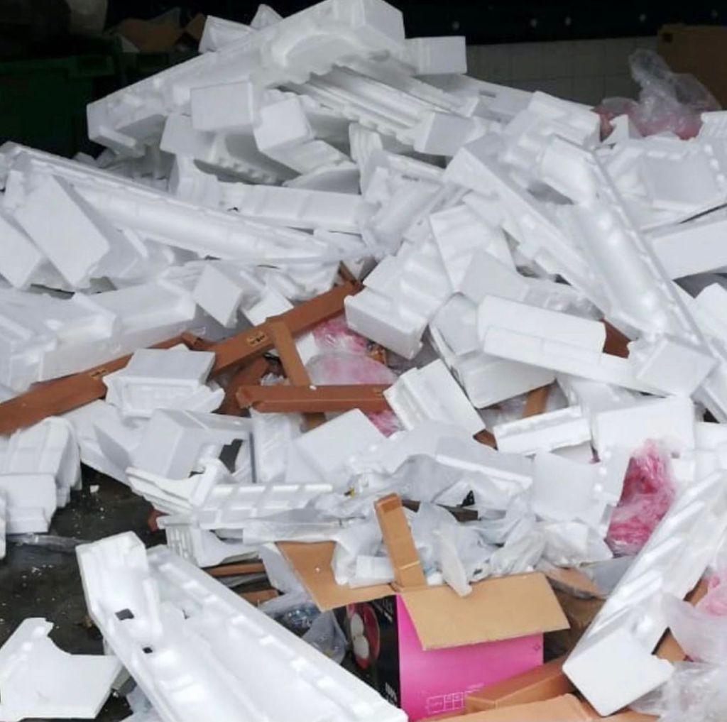 Collected white Styrofoam packaging materials ready for disposal in Singapore.