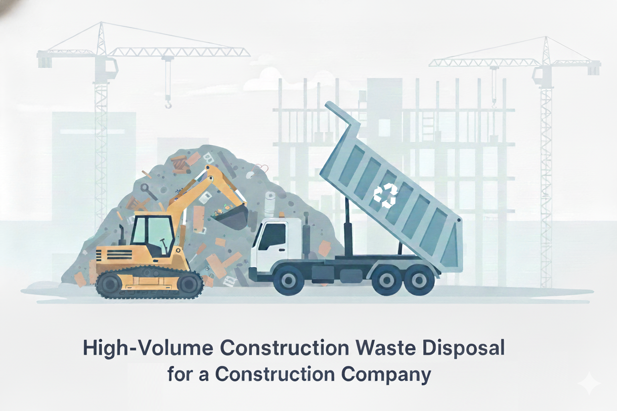 High-volume construction and demolition waste disposal using trucks and heavy equipment at an active construction site in Singapore