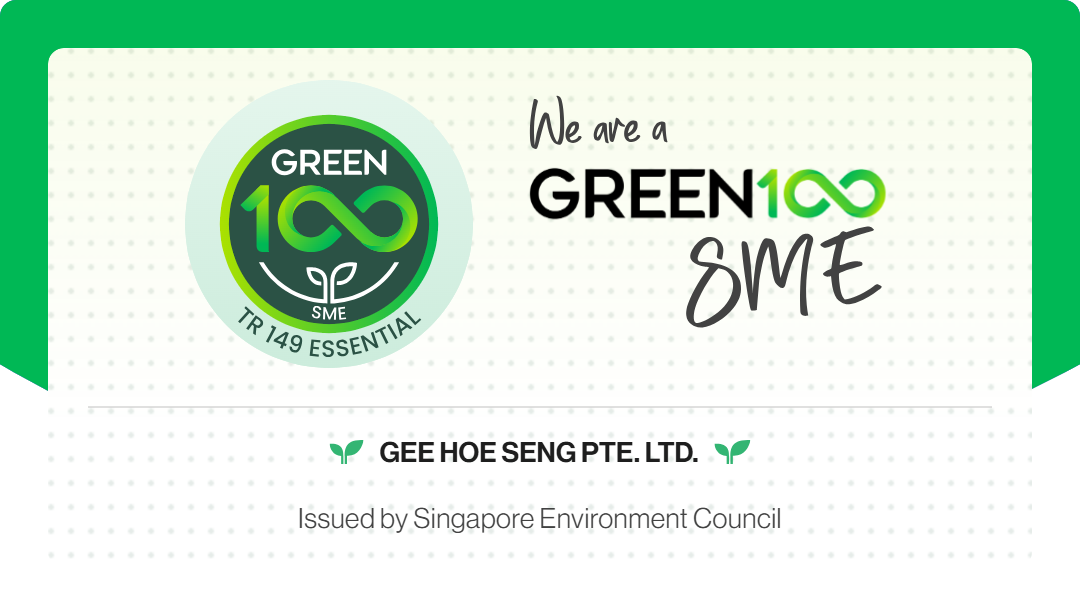 Green 100 SME badge issued by the Singapore Environment Council to Gee Hoe Seng Pte. Ltd., featuring a circular emblem with "GREEN 100 SME" and "TR 149 Essential" certification.