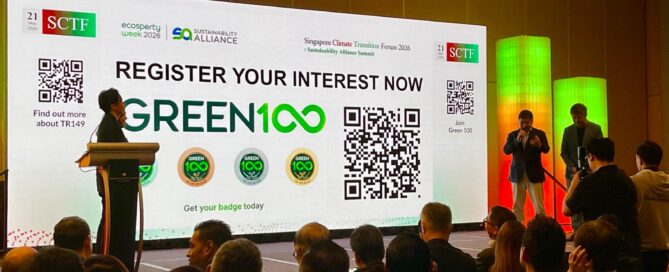 Green 100 initiative launch at the Singapore Climate Transition Forum 2026, showing a QR code for SMEs to register